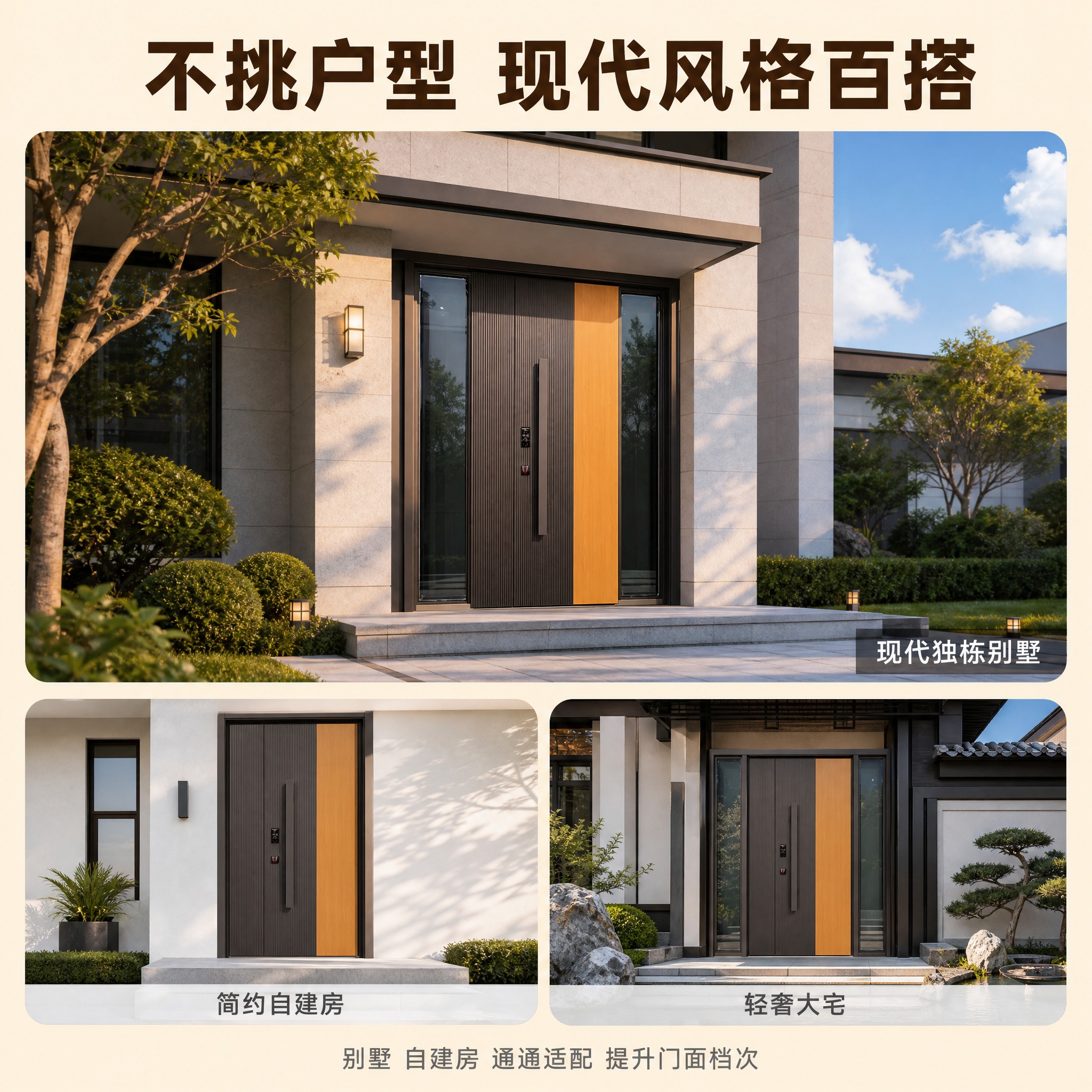 [主图-4] 多场景适配展示图，任务：展示大门适配不同建筑风格… - 图片创意预览