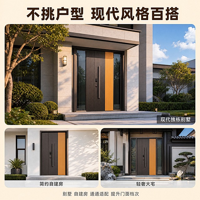 [主图-4] 多场景适配展示图，任务：展示大门适配不同建筑风格，别墅、自建房都适用，现代风格百搭。
[统一基调] 整体风格：现代高级大宅风，专业品质感；背景主色：浅米白暖调背景；标题字色：深棕色主标题 + 深灰色辅助字；强调色：原木暖棕 + 深灰；字体样式：无衬线粗体中文标题，简洁现代；字号层级：主标题最大，场景说明缩小50%以上；卡片/图标/边框样式：圆角白色卡片，轻微阴影。
[画面] 采用1张大图 + 2张小图的宫格布局。主图在上半部分，展示大门安装在现代独栋别墅入户场景，别墅外墙是浅灰色石材，周围有绿植庭院，蓝天白云，大门与建筑完美融合，展现大宅气派。下半部分左右两张圆角小图：左侧小图展示大门安装在现代简约自建房入户场景，白色外墙干净利落；右侧小图展示大门安装在新中式轻奢别墅场景，有景观石和水景点缀。三张图都保持大门外观完全一致。
[光影质感] 真实外景摄影质感，自然日光照射，主图是下午暖金色阳光，大门金属表面有自然环境反光，玻璃反射天空和绿植，阴影自然真实，整体明亮通透有生活气息。
[配色] 主色：深灰、原木棕、自然绿；背景：浅米白暖调；文字：深棕主字 + 深灰辅助；整体温暖自然有品质感。
[文字版式] 顶部主标题："不挑户型 现代风格百搭" 深棕色粗体大字。主图右下角标注："现代独栋别墅" 白色小字配半透明深灰底。左下小图下方标注："简约自建房" 深灰小字。右下小图下方标注："轻奢大宅" 深灰小字。底部一行说明："别墅 自建房 通通适配 提升门面档次" 灰色小字。文字都放在图片边缘和下方，不遮挡大门主体。
[输出要求] 比例1:1，文字清晰可读，三张场景图中大门外观一致，场景真实自然，无错字，无杂乱元素，无水印，无平台Logo。