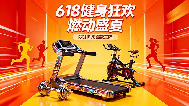 618电商大促活动海报，主题为健身器材促销，风格现代动感，充满活力运动氛围，色调明亮有冲击力，突出健身器材展示，包含醒目标题"618健身狂欢 燃动盛夏"，设计简洁有吸引力，横版构图。