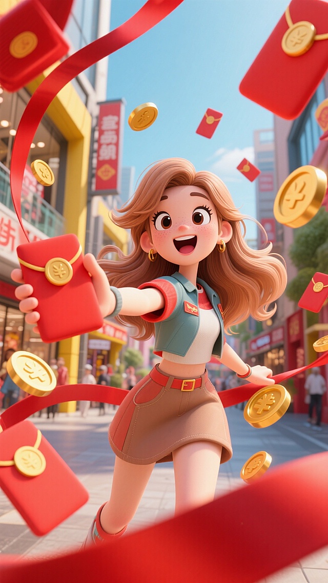 强烈镜头畸变，冲击力强，大幅度夸张动作，画面四周围绕的是很多红包和金币，一个浅棕色长发穿搭时尚的女生，左手向前伸向镜头，刚刚接着一个大红包，惊喜的表情，表情开心，比例夸张，背景在室外的商场。主色调为红色和黄色。背后有红色的丝带。
