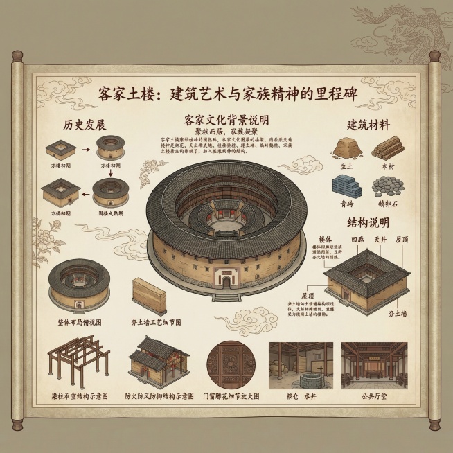 传统中式卷轴风格流程图设计图，顶部雅致标题区域，中央是精美的圆形客家土楼主体。左侧“历史发展”板块，包含不同时期客家土楼的演变图示和说明文字；右侧“建筑材料”板块，展示生土、木材、青砖、鹅卵石等原材料预览效果