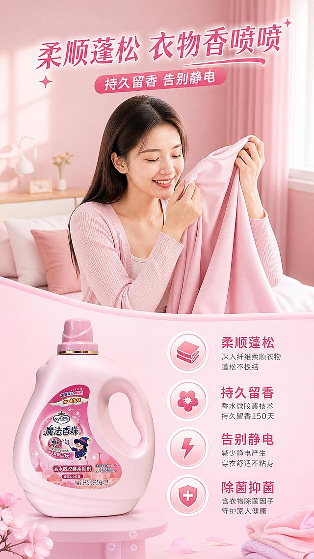 使用商品详情页技能根据商品图「图片1」生成详情页，参考图为，商品名称为柔欣3kg柔顺剂，卖点为 ，适配平台为抖音/快手，图片比例为9:16，需求屏数为6张，