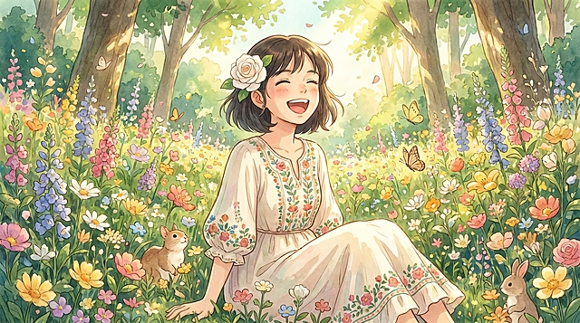 梦幻感插画风，清新甜美的少女在花海中欢笑，水彩般的色彩渲染出温馨春日氛围，蝴蝶与小兔相伴，尽显童话意境。