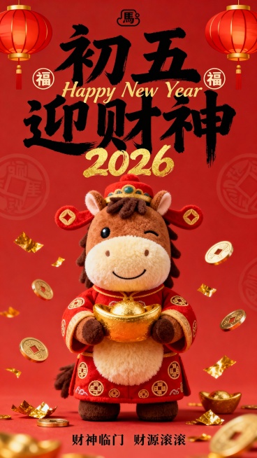 提示词：纯正面小马，Q 版棕褐配色的拟人毛绒小马公仔（腹部是浅米色毛绒，单眼眯起微笑，鬃毛为深棕短绒质感，圆鼓鼓的肚子），站立，头戴财神帽、身着红袍（红袍绣铜钱纹），双手紧紧抱着大金元宝，周身飘着铜钱预览效果