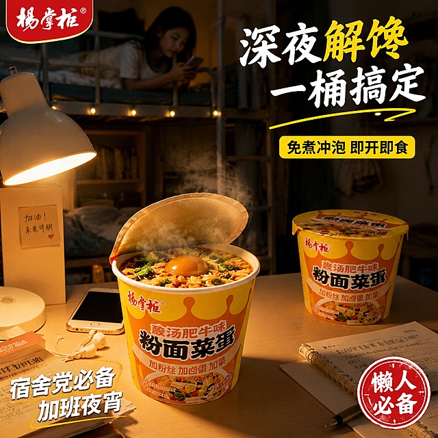 电商主图 杨掌柜粉面菜蛋宿舍夜宵场景图 严格保持参考图中桶装产品的外观形状 比例 颜色 标签完全一致 不得变形。温馨宿舍深夜场景 暖黄台灯光 治愈氛围感 生活场景摄影。大学宿舍上铺夜景 暖黄小台灯照亮桌面 桌上放一桶刚泡好的粉面菜蛋 桶盖半开 热气升腾 桶身为标准圆柱形 标签与参考图完全一致 比例正确不变形。旁边有手机 耳机 书本。桌角还有一桶未开封的粉面菜蛋 靠墙放着 桶形标准 标签清晰。背景宿舍上下铺剪影 深色夜晚 突出台灯温暖区域。左上角品牌logo。右上大字标题"深夜解馋 一桶搞定" 下方小字"免煮冲泡 即开即食"。左下角"宿舍党必备 加班夜宵"。右下角"懒人必备"印章。1:1比例 超高清 产品桶形标准不变形 文字清晰。