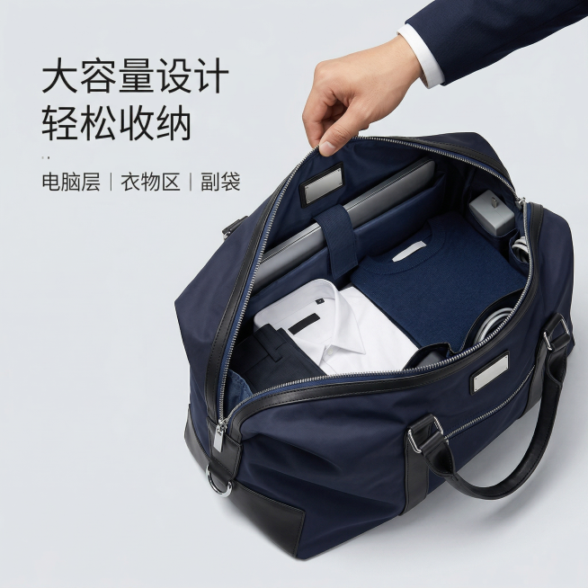 [主图3 容量场景展示]藏青色商务旅行手提旅行包，保持包包原本外观和颜色完全一致，展示包包打开后大容量内部空间，可以放下笔记本电脑和换洗衣物，一位亚洲商务男士单手拉开拉链展示内部，背景为干净浅灰色调，预览效果