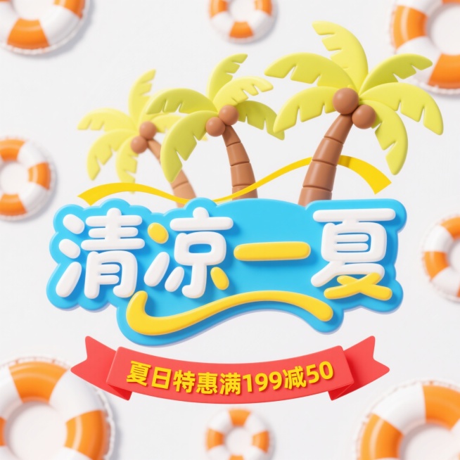 卡通风格夏日主题海报设计，主色调为明亮的蓝色和黄色，搭配白色背景营造清爽感。画面核心是立体艺术字"清凉一夏"，字体边缘有白色高光和蓝色描边，笔画间融入黄色飘带装饰，整体呈现圆润饱满的视觉效果。文字上方点缀两棵卡通风格的棕榈树，树干为棕色，扇形叶片呈嫩黄色。背景中分布着多个橙白相间的游泳圈图案，增强夏日氛围。底部有一条红色丝带，上面用黄色字体写着"夏日特惠满199减50"的促销信息。整体构图采用……预览效果