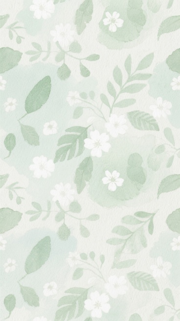 水彩风格花卉背景，以柔和的浅绿色和白色为主色调，呈现出淡雅、清新、朦胧的氛围。画面中布满了形态各异的叶片和隐约可见的白色花朵，它们以自然、随机的方式分布，形成整体协调的无缝图案。水彩特有的透明晕染效果显著，色彩过渡柔和自然，带有轻微的纸张纹理质感，光影处理轻柔，整体给人一种宁静、舒适的感觉。预览效果