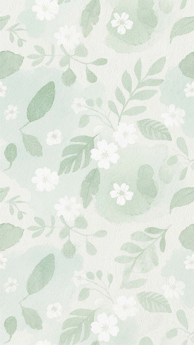 水彩风格花卉背景，以柔和的浅绿色和白色为主色调，呈现出淡雅、清新、朦胧的氛围。画面中布满了形态各异的叶片和隐约可见的白色花朵，它们以自然、随机的方式分布，形成整体协调的无缝图案。水彩特有的透明晕染效果显著，色彩过渡柔和自然，带有轻微的纸张纹理质感，光影处理轻柔，整体给人一种宁静、舒适的感觉。