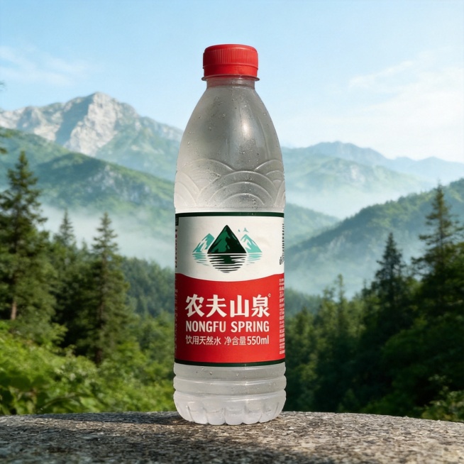农夫山泉矿泉水，整瓶呈现，保持产品完整，清新自然背景，电商主图预览效果