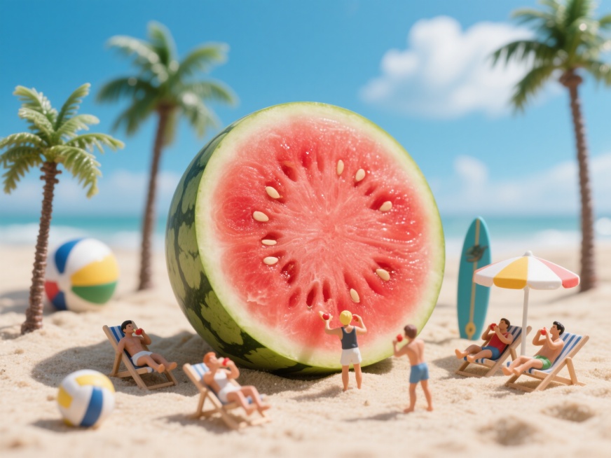 夏日晴天，画面中心是一颗巨大的被切开的无籽薄皮西瓜，放置在沙滩上，大面积红色的果肉在阳光下闪闪发光，周围有高大的椰树、彩色排球、冲浪板，几个小人躺在沙滩椅上吃西瓜，旁边有落地遮阳伞，背景是蓝天白云，整预览效果
