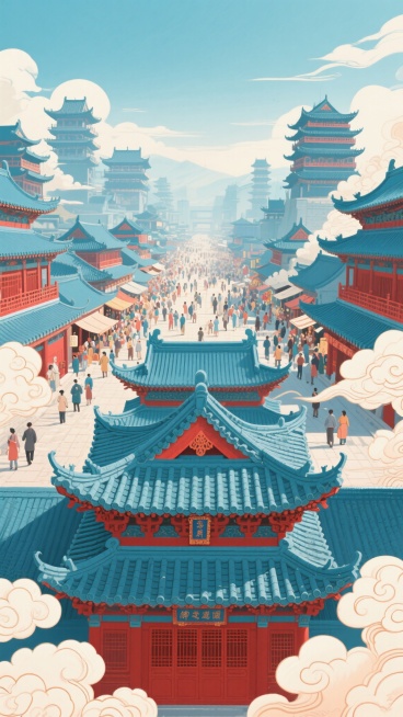 中国风插画，以青蓝色为主色调，搭配朱红色点缀，展现古代建筑群的宏大场景，前景是层次分明的宫殿屋顶，飞檐翘角，瓦片纹理清晰，两侧环绕着云朵装饰，中景是热闹的街市，人流涌动，远处是错落有致的楼阁，整体画面预览效果