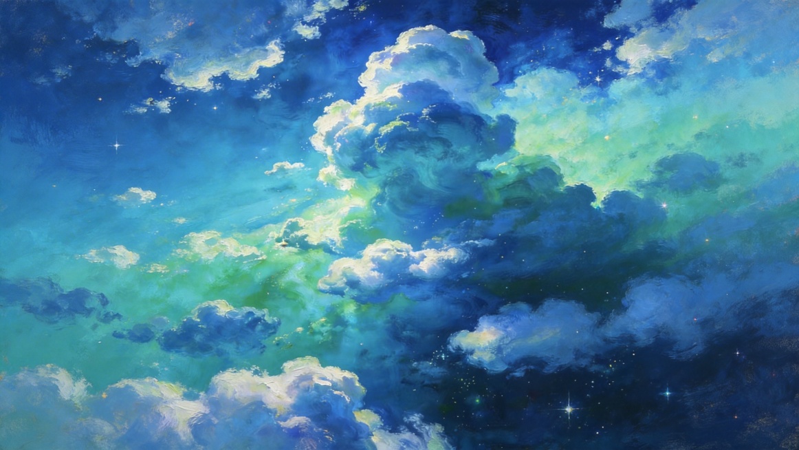 将图片调整为16:9比例，在画面空白处添加同风格细碎云朵与星光元素预览效果