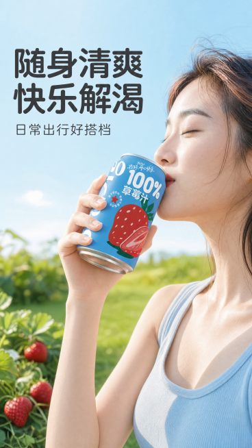 [第4屏] 模特展示屏-亚洲年轻女生手持100%草莓汁分享展示。
[氛围/风格] 青春活力户外风格，自然阳光感，真实生活场景，高清人像摄影。
[元素布局] 亚洲年轻女生，半身侧脸入镜，肩部以上清晰可见预览效果