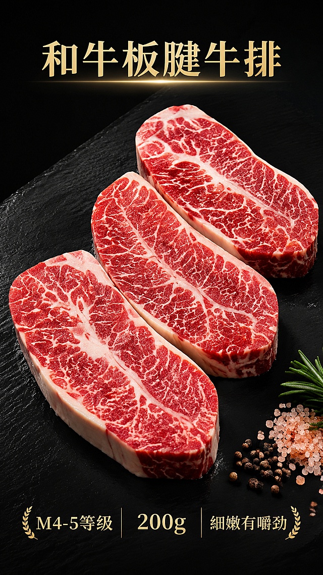 [第5屏] 和牛板腱牛排细节展示，M4-5等级。本屏使用【图1】中右上三块和牛板腱牛排作为展示主体。[氛围/风格] 新鲜质感，黑色调，商业摄影，突出肌理分明。[元素布局] 三块板腱牛排斜向排列，占据画面中心约65%，清晰展示纹理层次；背景黑色，右下角点缀少量玫瑰盐和香料；保持牛排原有颜色和纹理不变。[光影质感] 柔光从左侧打来，突出肌肉层次感，油花通透。[配色色系] 全局底色#121212，主色牛肉红润，辅助色香料棕色，浅金文字。[视角构图] 中景特写，斜向排列构图。[文字版式] 顶部主标题「和牛板腱牛排」，底部标注「M4-5等级 200g 细嫩有嚼劲」，浅金色文字排版。[比例分辨率] 9:16竖版比例，1080x1920分辨率，4K分辨率，文字清晰可辨，高清画质。[负向提示词] 牛排变形，纹理模糊，颜色偏差，文字错乱，文字过小。
