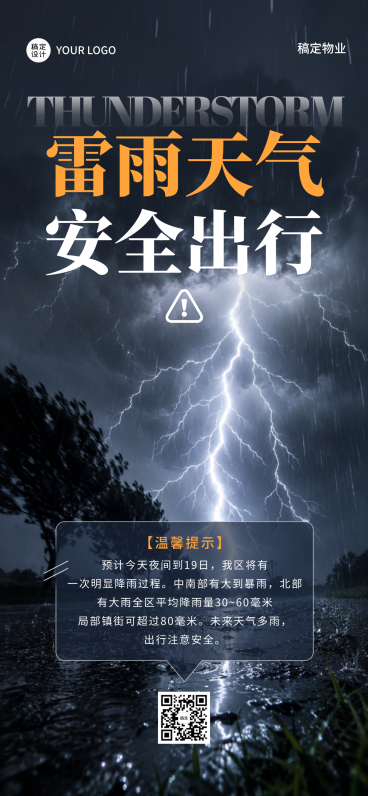 物业雷雨天气安全出行降雨暴雨警报提醒全屏竖版海报预览效果