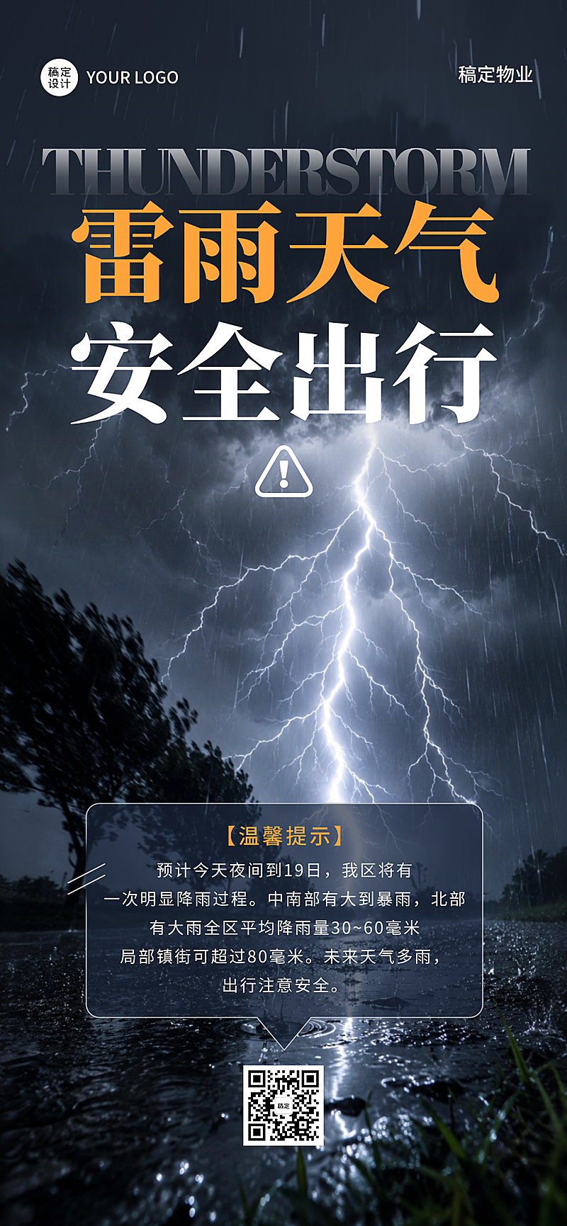 物业雷雨天气安全出行降雨暴雨警报提醒全屏竖版海报