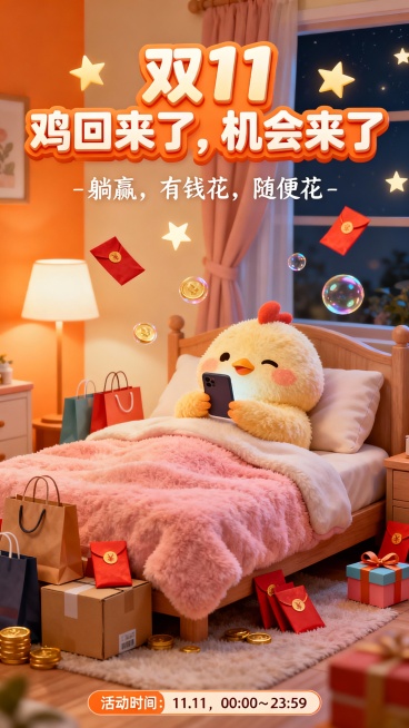 双11促销海报，主角是一只毛绒绒胖乎乎的小鸡，晚上舒服地躺在柔软的床上，手里拿着手机刷网购。小鸡表情幸福满足，房间温馨柔和，温馨夜晚氛围，床边堆放着购物袋、快递箱、红包、礼盒。背景为暖橙色、粉米色卧室预览效果