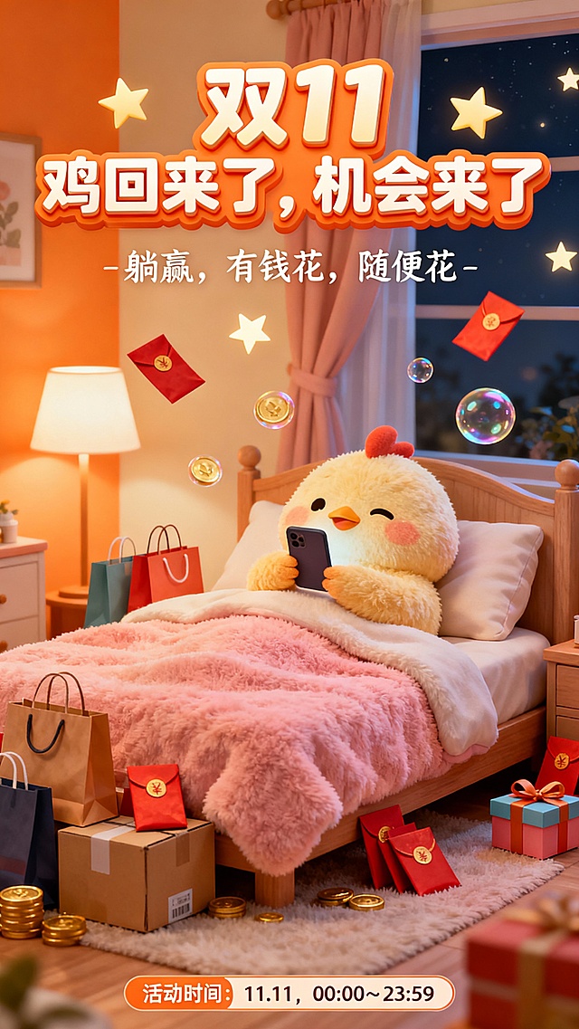 作品以“双11 鸡回来了，机会来了”为主题，为整个系列画下温柔收尾。毛绒绒小鸡躺在床上刷手机，周围是快递箱与红包，尽显节日后的松弛与幸福。副标题“躺赢，有钱花，随便花”轻松幽默，表达购物后的满足感与生活自在。以可爱治愈的方式诠释“双11圆满归来，好运不散场”。