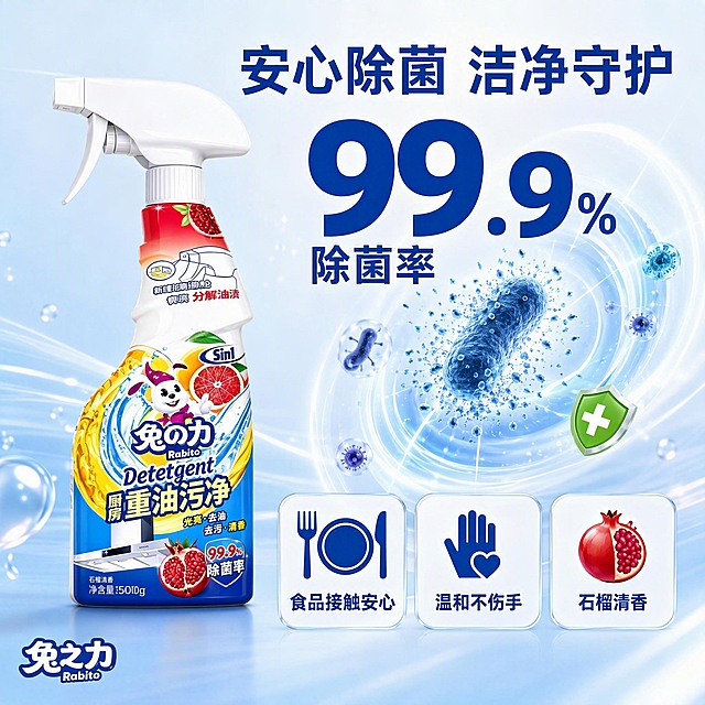 [主图-3] 品质安全图 99.9%除菌率
[氛围风格] 洁净安心科技感，蓝白清爽调性，品质可信，抖音电商品质型主图
[画质] 商业摄影质感、高清细腻、光影干净、产品真实
[元素] 兔之力厨房重油污净喷雾瓶居左侧，瓶身正面展示，占画面约40%。右侧为除菌功效可视化表达：蓝色微光粒子环绕，微观除菌效果示意，细菌图标被分解消散。下方排列3个品质安全徽章式图标。背景为浅蓝到白色渐变，干净通透，有细微的光线粒子增加科技感。保持产品外观与输入产品图完全一致，瓶身细节清晰，材质质感真实，无变形色差
[光影] 柔和顶光+侧光，瓶身有自然高光，整体明亮通透，光影干净，阴影浅淡
[配色] 主色调洁净白+清浅蓝；辅助色深蓝；强调色绿色（除菌图标小面积点缀，占比<10%）+橙黄（数据高亮）。整体保持蓝白主色系，不跳变
[视角构图] 平视角度，产品在左，功效可视化在右，左右平衡构图，信息层次分明，留白充足显高级
[文字版式] 右上角大数字「99.9%」深蓝色超大号粗体，下方小字「除菌率」同色。顶部标题「安心除菌 洁净守护」深蓝色粗体。底部横向排列3个品质安全卡片，每个卡片上图标下文字：卡片一「食品接触安心」配餐具图标、卡片二「温和不伤手」配护手图标、卡片三「石榴清香」配石榴图标。左下角品牌小logo「兔之力」。所有文字清晰可读，排版整齐，现代无衬线字体
[输出要求] 1:1比例，文字清晰锐利，超高清商业摄影质感
[负向提示词] 变形，文字错乱，产品图模糊，背景杂乱，水印，电商平台Logo，多余的手，畸形手