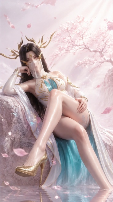 只参考image1的斜躺倚靠姿势：单腿屈膝前伸、一手撑头、一手放于大腿的动作姿势；根据image2人物重新生成：保留脸型、五官、白色蓝金相间开叉长裙、金色装饰头饰完全不变，保留鞋子，保留白色蕾丝安全裤预览效果