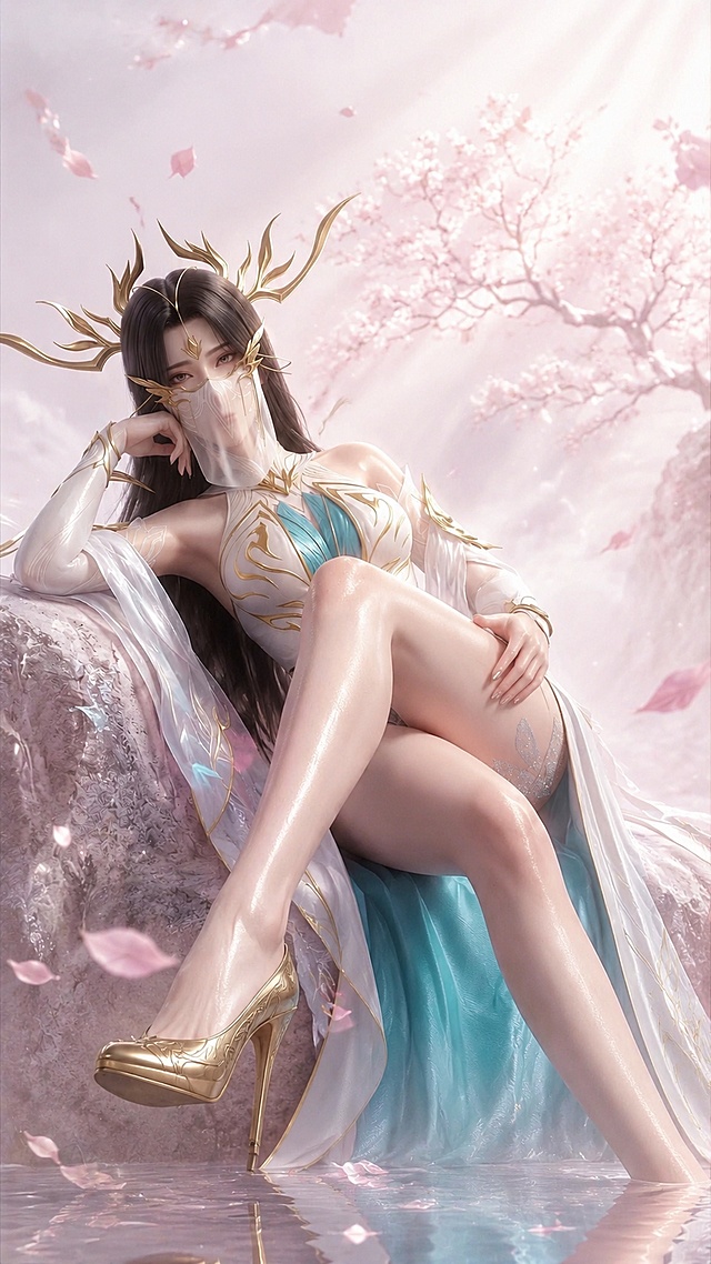 只参考image1的斜躺倚靠姿势：单腿屈膝前伸、一手撑头、一手放于大腿的动作姿势；根据image2人物重新生成：保留脸型、五官、白色蓝金相间开叉长裙、金色装饰头饰完全不变，保留鞋子，保留白色蕾丝安全裤，打造超修长极致大长腿，动作幅度舒展自然，眼神睥睨天下，气场高高在上，不拿任何物品，去掉翅膀、去掉虚影，CG游戏风格，去除水印文字，背景为白粉色调，添加漂浮樱花花瓣，画面禁止崩坏、脚趾手指保持自然完整；修复并增强为清晰高分辨率的逼真照片，保留原图核心元素：主体身份、面部特征、表情、姿态、构图、视角、服装、光影氛围，自然提升细节、分辨率与质感，修复模糊噪点，还原真实皮肤纹理、毛发细节、眼部高光和织物材质，色彩自然对比度真实，严禁过度处理、过度磨皮、美颜滤镜感、AI臆造特征，符合平台内容安全规范，适合公开传播