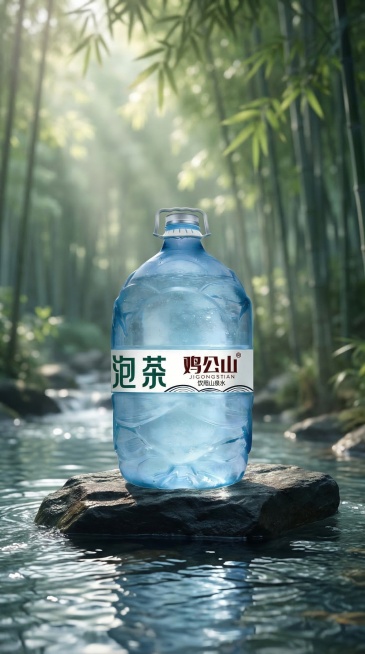 高端大气的商业写真竖版图，主体是大桶装鸡公山泡茶山泉水，保持产品原有Logo和文字内容不变，保持产品主体物理结构不变。产品放置在深色天然岩板展示台上，周围环绕自然流淌的清澈山泉水，水面带有柔和波光，背预览效果