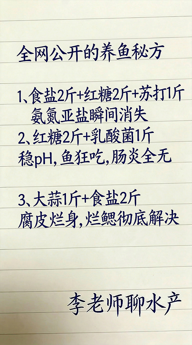 保持参考图的浅黄色横线笔记本背景、深蓝色手写字体样式、排版布局，将文字内容替换为：
全网公开的养鱼秘方
1、食盐2斤+红糖2斤+苏打1斤
氨氮亚盐瞬间消失
2、红糖2斤+乳酸菌1斤
稳pH，鱼狂吃，肠炎全无
3、大蒜1斤+食盐2斤
腐皮烂身，烂鳃彻底解决
底部保留落款“李老师聊水产”，所有文字一字不差，排版合理清晰