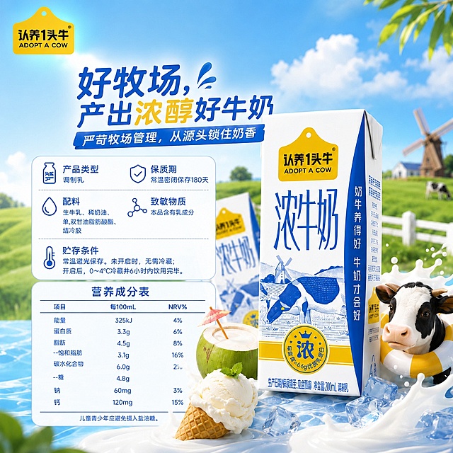 在图片的左上角添加认养一头牛的品牌logo，logo为黄色盾牌形状，内有“认养1头牛 ADOPT A COW”字样，保持原图其他所有内容、文字、布局、产品和背景完全不变，整体风格统一协调