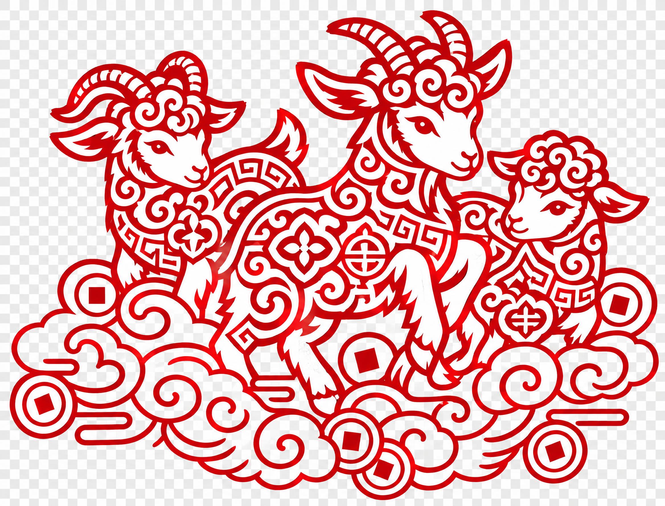 修改这张中式剪纸三羊图：1. 云朵部分简化为纯勾线样式，去掉红… - 图片创意预览