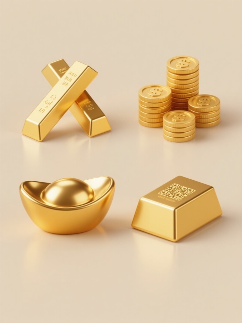 一组4个完全不同元素内容的黄金系列素材集合，保持3D立体风格，采用纯色背景，每个元素都有高光泽度的金黄色金属质感，清晰的边缘轮廓和明亮的反光效果，规整排布，元素包括：交叉的金条、堆叠的金币、金元宝和金砖，整体色彩变换但保持金色调，画面简洁干净，无任何文字和二维码。预览效果