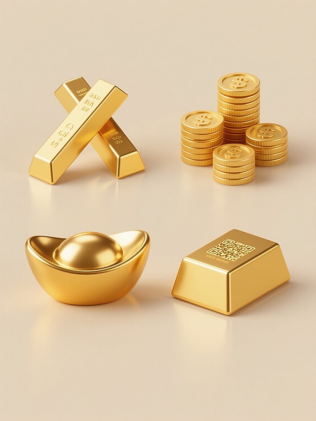 一组4个完全不同元素内容的黄金系列素材集合，保持3D立体风格，采用纯色背景，每个元素都有高光泽度的金黄色金属质感，清晰的边缘轮廓和明亮的反光效果，规整排布，元素包括：交叉的金条、堆叠的金币、金元宝和金砖，整体色彩变换但保持金色调，画面简洁干净，无任何文字和二维码。