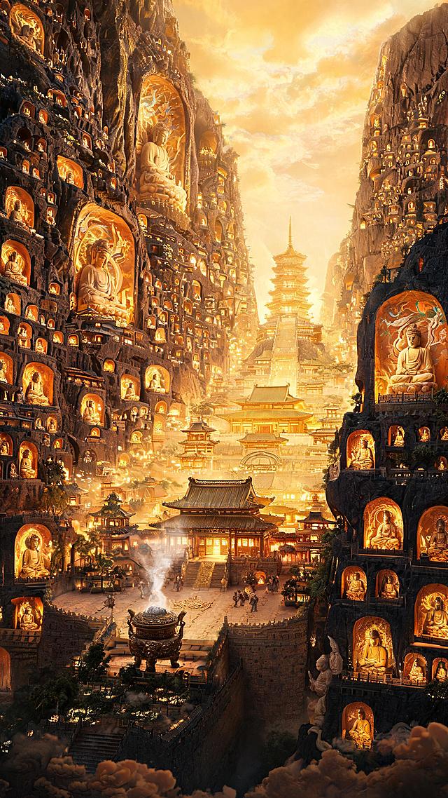 史诗级CG全景，佛国长安城。城墙与断崖融为一体，万座大小佛窟如蜂巢般嵌入城墙与崖壁之上。每一窟中都有一尊佛像静坐，或大如楼阁，或小如掌中，千佛同时面向城池中央，目光慈悲而庄严。佛窟中透出暖黄的灯火，如万家佛光汇聚。飞天壁画在窟顶流转，梵音仿佛在风中低吟。整座城池笼罩在金色的佛光之中，香炉青烟袅袅升起，与暮鼓晨钟共鸣。神圣肃穆，电影级画质，8K超清