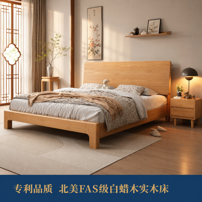 「图片1」，生成一套主图（10张），商品名称是白蜡木实木床，卖点用蓝底金字放在图片下方，北美FAS级白蜡木+床头储物+大板直拼+稳固承托+专利产品，30年稳固耐用。换成国潮新中式装修风格卧室背景，不改预览效果