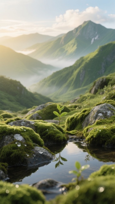 超写实摄影，山间晨景，三分法构图，前景翠绿苔藓覆岩石，湿润绒质感，带露珠新芽，岩石糙纹对比，水洼反光，中景山峦层叠绿渐变，远景山峰薄雾间，天空白云飘，清晨漫射光镀金，浅景深，充满生机与自然静谧的干净背景素材。预览效果