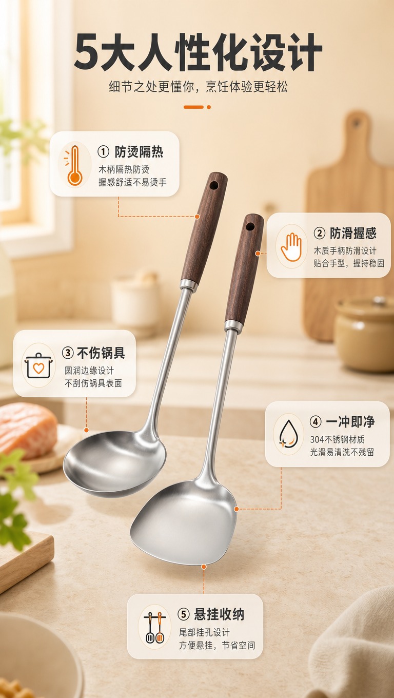 [商品] 使用【图1】304不锈钢木柄锅铲汤勺套装；保留产品结… - 图片创意预览