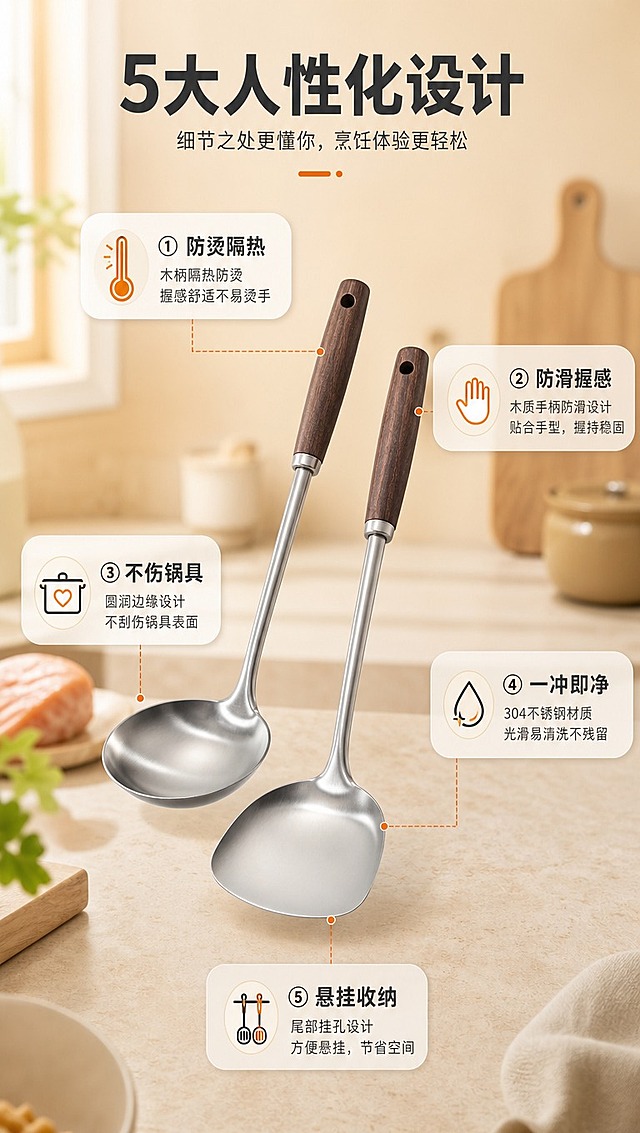 [商品] 使用【图1】304不锈钢木柄锅铲汤勺套装；保留产品结构、颜色、材质；商品处理：精修产品表面。
[画面] 目标：人性化设计页，图标+产品展示多项贴心设计。构图：产品斜放中部，四周环绕图标与说明。主体位置：画面中央，产品占画面40%。景别：中景。阅读动线：从中心向四周。前中后景：浅暖米色渐变背景，产品居中，悬浮图标卡片环绕。
[视觉] 套系策略：风格=温馨高级厨房商业摄影；标题字=粗黑体；正文字=常规黑体；主色=暖木棕+不锈钢银灰；背景延展=基于暖木棕做深浅层级、同色渐变和木纹/石材质感；强调色=暖橘色，仅用于小面积图标、引线和标签；标题色=深炭灰；正文色=中暖灰；组件=圆角浅底信息卡、细线引线、图标点缀；光影=左前侧暖柔光，自然厨房窗光感。
[文字] 顶部主标题「5大人性化设计」，环绕5个图标+短说明：①防烫隔热 ②防滑握感 ③不伤锅具 ④一冲即净 ⑤悬挂收纳。文字用圆角卡片呈现，不遮挡产品。
[规格] 图片比例9:16竖版，4K分辨率，淘宝/天猫详情页适配，中文文案，避免变形、错字、文字过小、冷蓝/蓝灰背景、产品颜色改变、极限词。