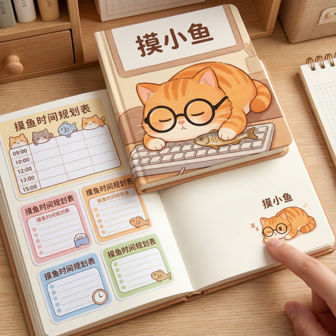 文创产品 3：“动态页面” 笔记本 —— 封面印有 “摸小鱼” 趴在键盘上的图案，内页采用温感变色油墨，书写时手部温度会让页面角落的 “摸小鱼” 图案从睡觉状态逐渐睁开眼睛，部分页面设置可拆卸的 “摸预览效果