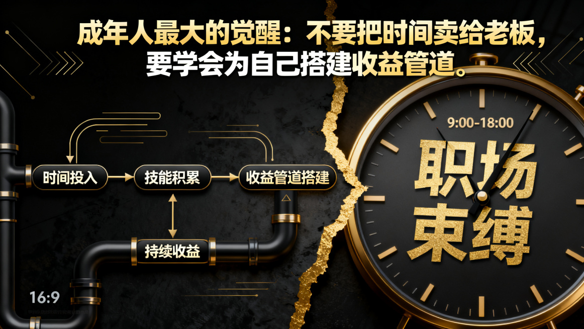 商业创业招募海报，主文案是"成年人最大的觉醒：不要把时间卖给老板，要学会为自己搭建收益管道。"，科技商务风，管道收益流程图和时钟元素对比，打破职场束缚概念，黑金商务配色，文字醒目突出，横版16:9海报预览效果