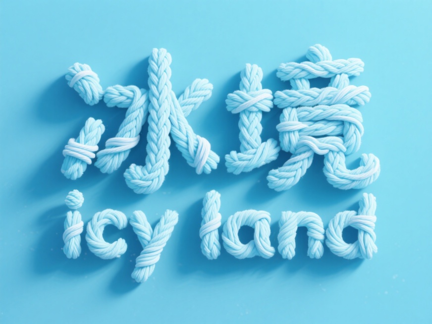 “冰境”“icy land” 织物风格卡通字体，构造方式为淡蓝色的线缠字体结构，多层纱线交织，字体像围巾编织，搭配纱织纹理，手工质感强烈，青色背景预览效果