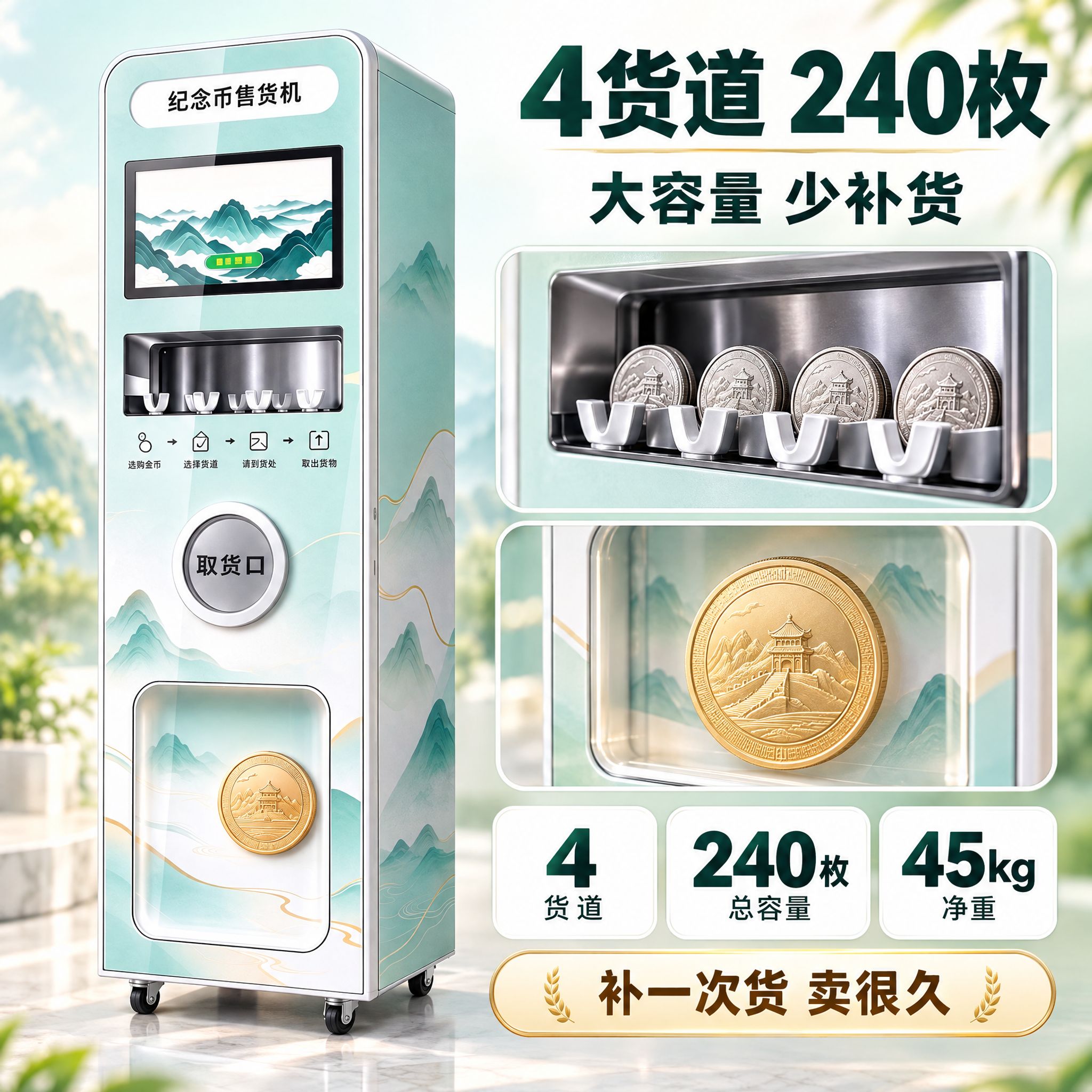 以【图1】中的纪念币售货机为唯一机器依据，严格保持机身结构、配… - 图片创意预览