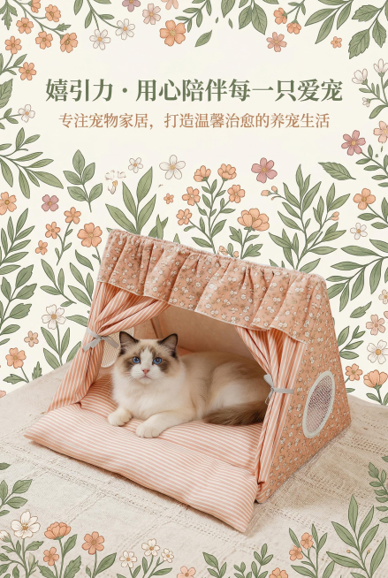 2:3竖屏，杂志级精致排版，背景为田园风插画（碎花 + 绿植），主标题“嬉引力・用心陪伴每一只爱宠”，副标题“专注宠物家居，打造温馨治愈的养宠生活”，文字排版居中，用衬线字体，配色与品牌调性统一，高级预览效果
