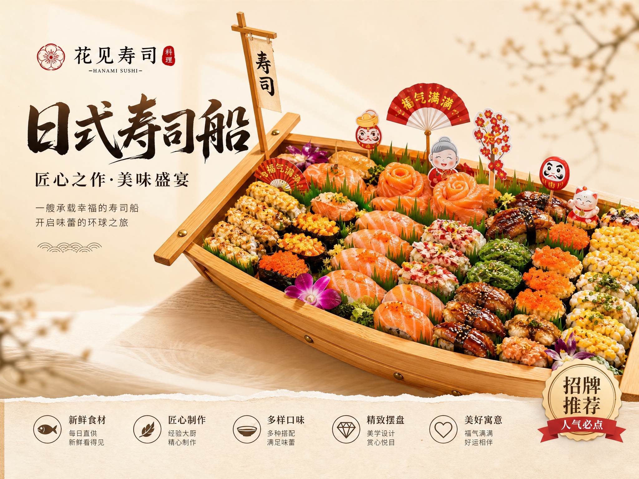高端日式寿司餐饮海报，横版4比3，浅色系设计。画面主体是一艘精… - 图片创意预览