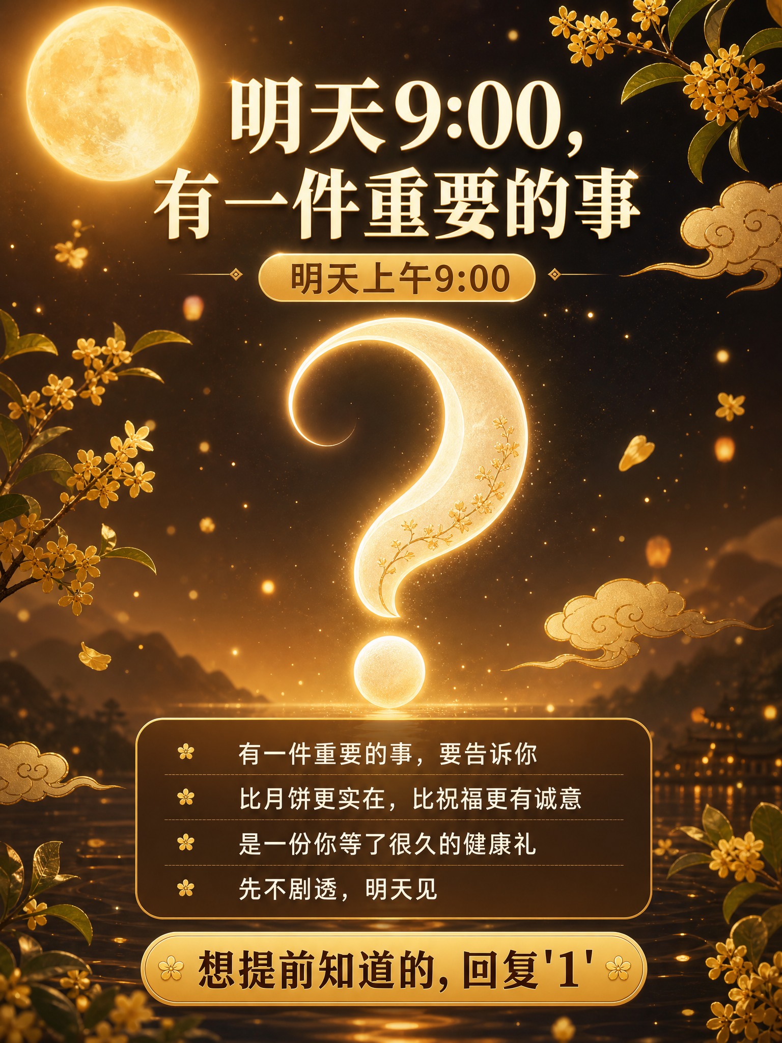 微信朋友圈健康福利预告海报，竖版3:4构图，暖金色中秋月夜背景… - 图片创意预览