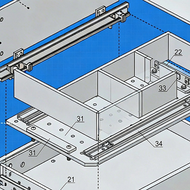 抽屉2内设有支撑板3，支撑板3包括第一支撑单元31、第二支撑单元32和固定连接单元33。第一支撑单元31前端与前挡板21固定连接，第二支撑单元32后端通过固定连接单元33与后挡板22固定连接。支撑板3表面设有滑轨34和多个定位孔35。再次优化