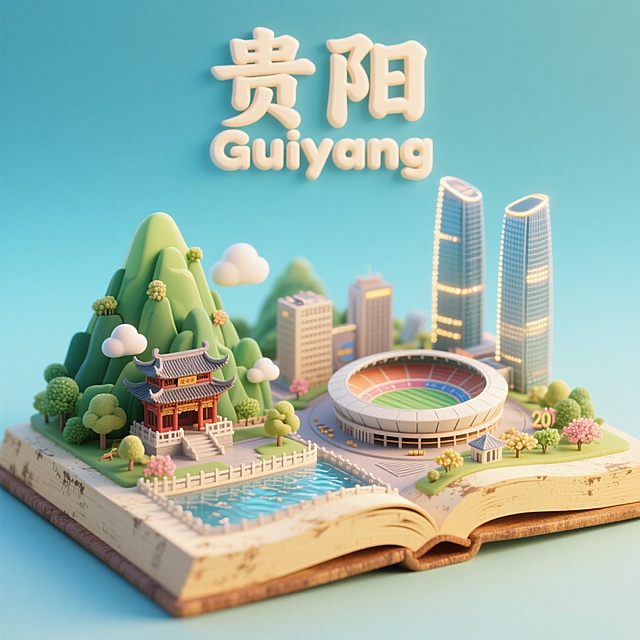 一本打开的古代书籍，书是打开的，书上是北京城市景观微缩模型，有贵阳的黔灵山，甲秀楼，南明河，花果园双子塔，贵阳中天201大厦，贵阳奥林匹克体育中心，上方有中文“贵阳”和英文“Guiyang”，整体画面生动，色调温暖明快，充满活力与朝气，具有梦幻感，背景为浅青蓝渐变。