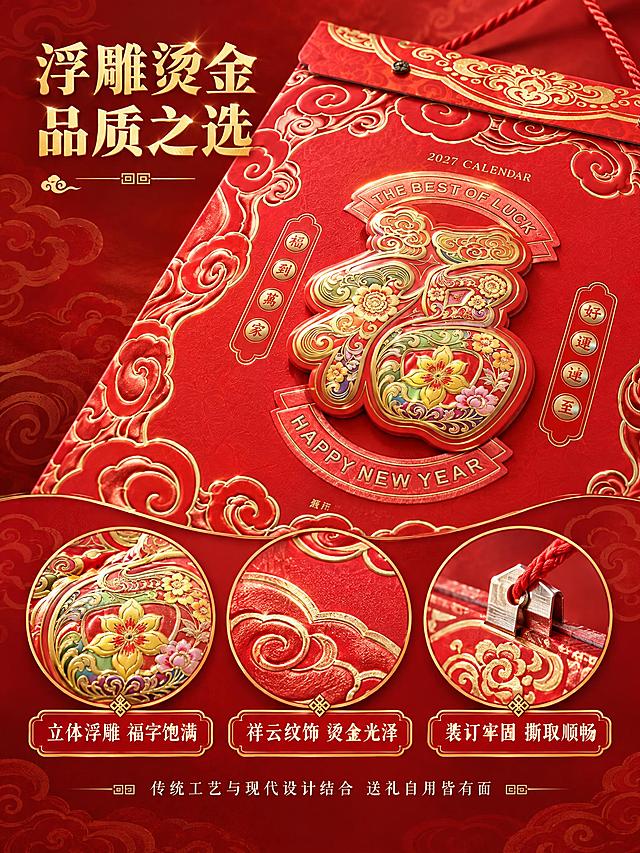 [商品] 使用【图1】【图2】【图3】【图4】2027福字八开双日择吉通胜撕历挂历；严格保留浮雕福字、祥云边框、红色纸面、装订结构与原图一致；放大展示局部细节，增强浮雕凹凸质感与纸张纹理。
[画面] 页面目标：细节质感展示，突出浮雕烫金工艺、纸张品质与装订做工。构图：上方大特写主图，下方三个圆形细节框横向排列。景别：微距特写。上方主图：45度角特写封面立体浮雕福字，金色花纹在光线下呈现浮雕立体感，红色底纸纹理细腻，祥云边框烫金清晰。下方三个圆框分别展示：福字花纹微距、祥云边框烫金细节、挂绳装订打孔处，每个细节框下配说明。
[视觉] 套系策略：风格=传统年俗喜庆商业摄影；标题字=大气宋体加粗；正文字=雅致楷体；主色=中国红；背景延展=基于中国红做深浅渐变、暗纹祥云、金色描边层次；强调色=烫金色，仅用于标题、图标、引线和装饰纹样；标题色=烫金色；正文色=米白色；组件=金色描边红底圆角信息卡、传统回纹分隔线；光影=侧光突出凹凸质感，烫金部分有强烈金属光泽与高光。
[文字] 左上角主标题"浮雕烫金 品质之选"烫金色大字。下方三个细节框下方分别标注："立体浮雕 福字饱满"、"祥云纹饰 烫金光泽"、"装订牢固 撕取顺畅"，米白色小字。底部一行副标题"传统工艺与现代设计结合 送礼自用皆有面"。
[规格] 图片比例3:4竖版，2K分辨率，避免变形、错字、文字过小、烫金质感失真、产品图案改动、冷蓝/蓝灰背景、水印、平台Logo。
