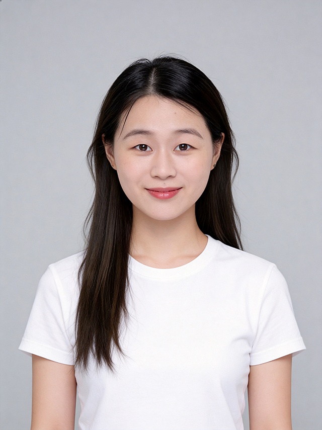 参考图中保留人物脸型、发型、年龄等特征生成证件形象照,标准焦段50mm,f/4光圈(f/2.8-f/4区间),平视视角(镜头与人物视线齐平);人物占画面70%,人物居中(居中构图),位于画面中心,为视觉聚焦点,入境范围头部及以下至臀部下方10cm(半身像);左右留少量背景空间;头部与画面顶部保留5%空间;头部发型完整,头肩比例协调,人物结构准确;发质微微柔顺，微微蓬松。身穿圆领白色纯棉短袖，高支精梳棉面料，白色纯色，版型简约合身；着装干净干练，身形匀称，姿态端正，身体挺拔。呈自然站姿，肢体放松且自信；简约微微中度灰色纯色背景(呈现均匀柔和质感),背景光线均匀柔和,强化色彩对比的高级感。极简干净;32k画质超高分辨率、细节清晰,现代精致感风格;肤质精细化处理;眼神直视镜头,目光坚定且澄澈,表情自然。嘴角上扬;清透自然裸妆(轻薄底妆+淡唇妆)妆感轻薄轻透裸肌感,通透感肤质,肤色均匀白皙,雾面柔光裸肌感,保留真实毛孔纹理,自然提亮｡正面柔光补光,4800K中性光,面部光比1:1.5,色调明亮｡中近景写实摄影,对焦清晰,高清保留皮肤细节;分辨率4K,去除人物耳环配饰，去除人物之外的所有元素。严格按照图片内容生成。