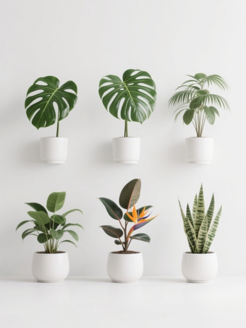 超写实风格绿植系列素材集合，纯白纯色背景，六盆造型完全不同的室内绿植规整排布成两行三列，每盆绿植均为真实植物品种，包括但不限于龟背竹、琴叶榕、散尾葵、橡皮树、天堂鸟、虎皮兰，保持叶片清晰的叶脉纹理、自然的光影明暗变化和真实的叶片质感，搭配简约白色陶瓷花盆，整体构图平衡对称，画面干净整洁，突出绿植的自然形态与生机，无任何文字、二维码或多余装饰元素。预览效果