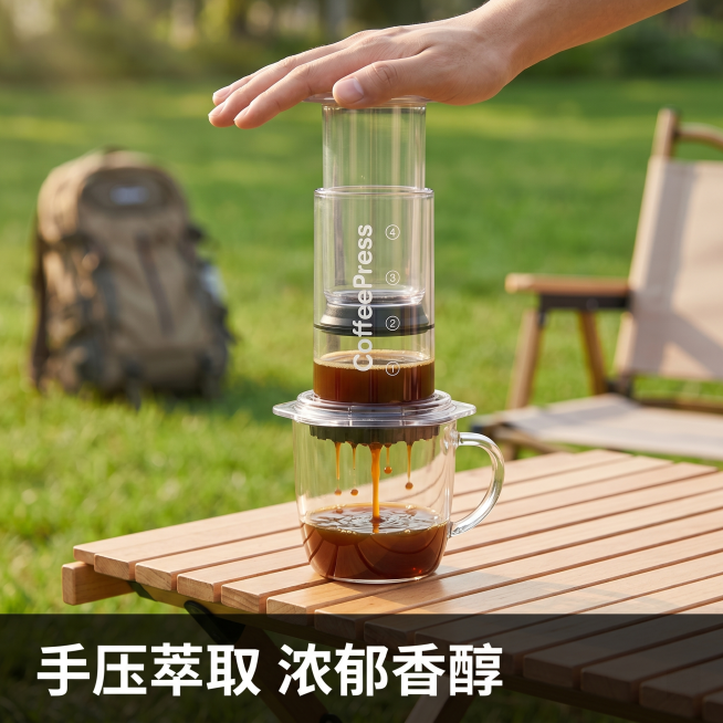 [主图 4] 爱乐压咖啡壶户外萃取过程场景主图
[氛围风格] 生动自然露营休闲氛围
[画质] 商业摄影质感、光线柔和通透、产品清晰真实、画面干净高级
[元素] 透明款爱乐压放置在露营折叠桌上，一只手正预览效果